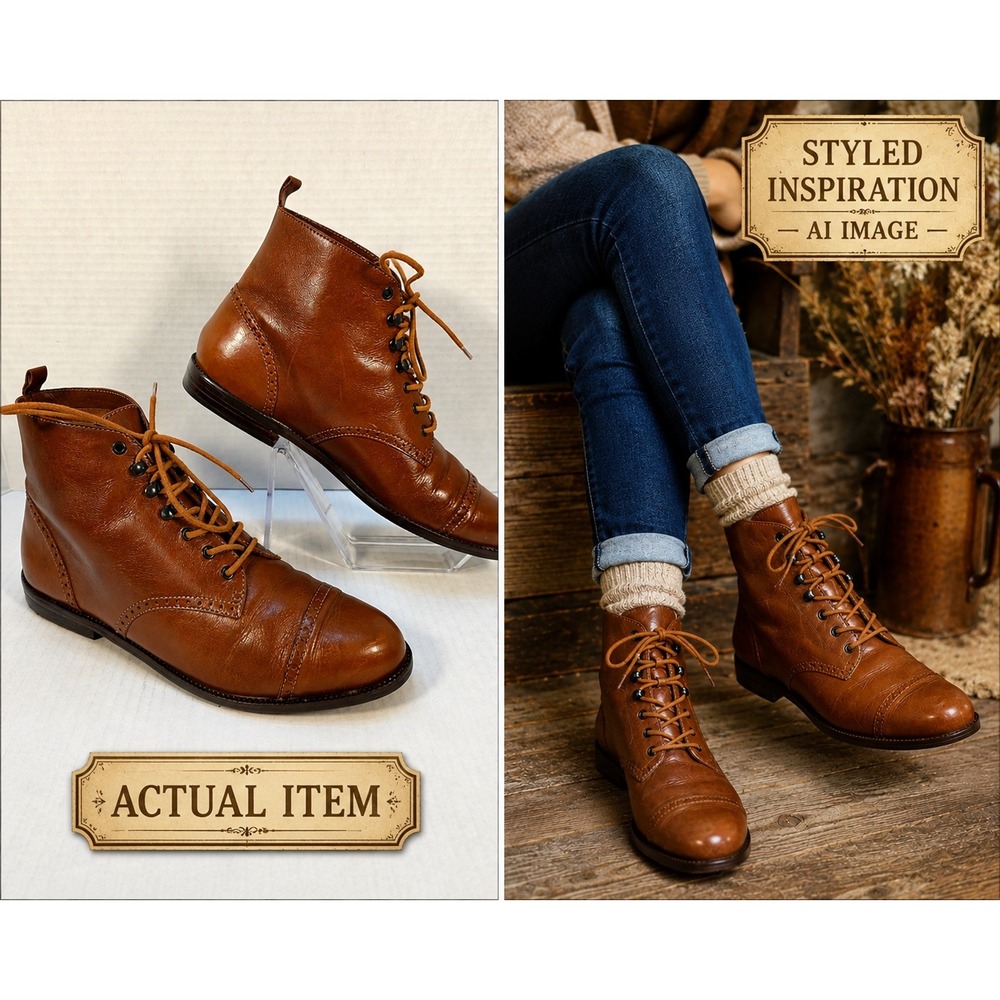 9 West VTG Leather Lace Up Ankle Boots Womens Cap Toe Brogue Cognac 9 M Good Vtg